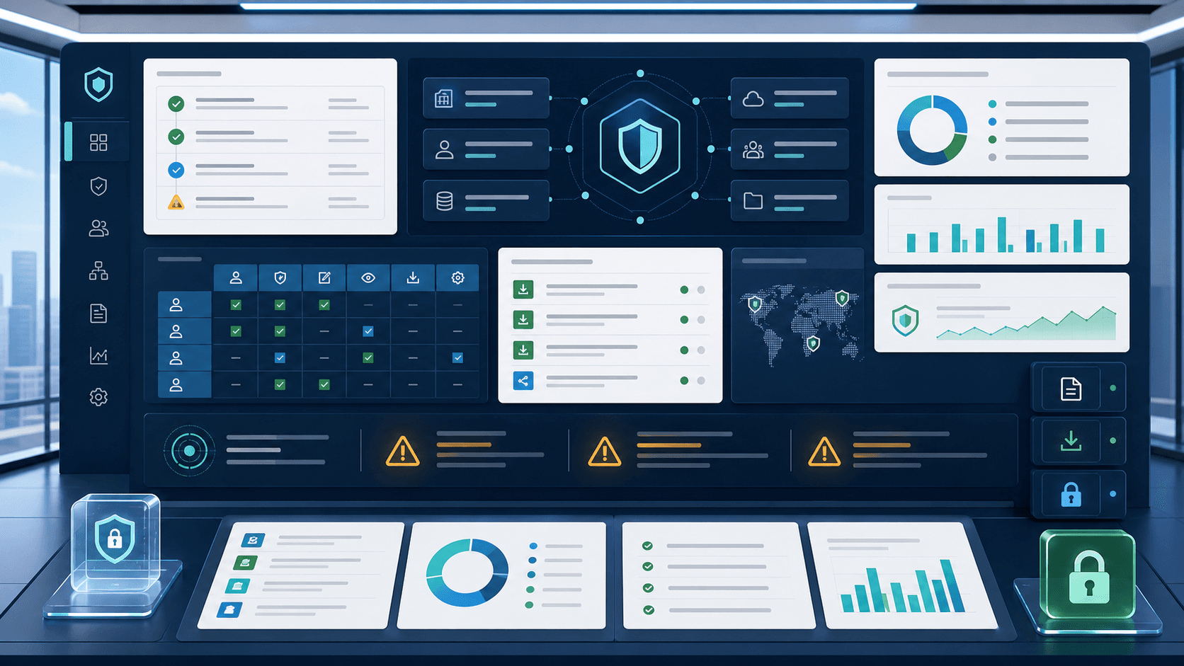 Vista conceptual de controles de auditoria, permisos y proteccion de datos con informacion sintetica.